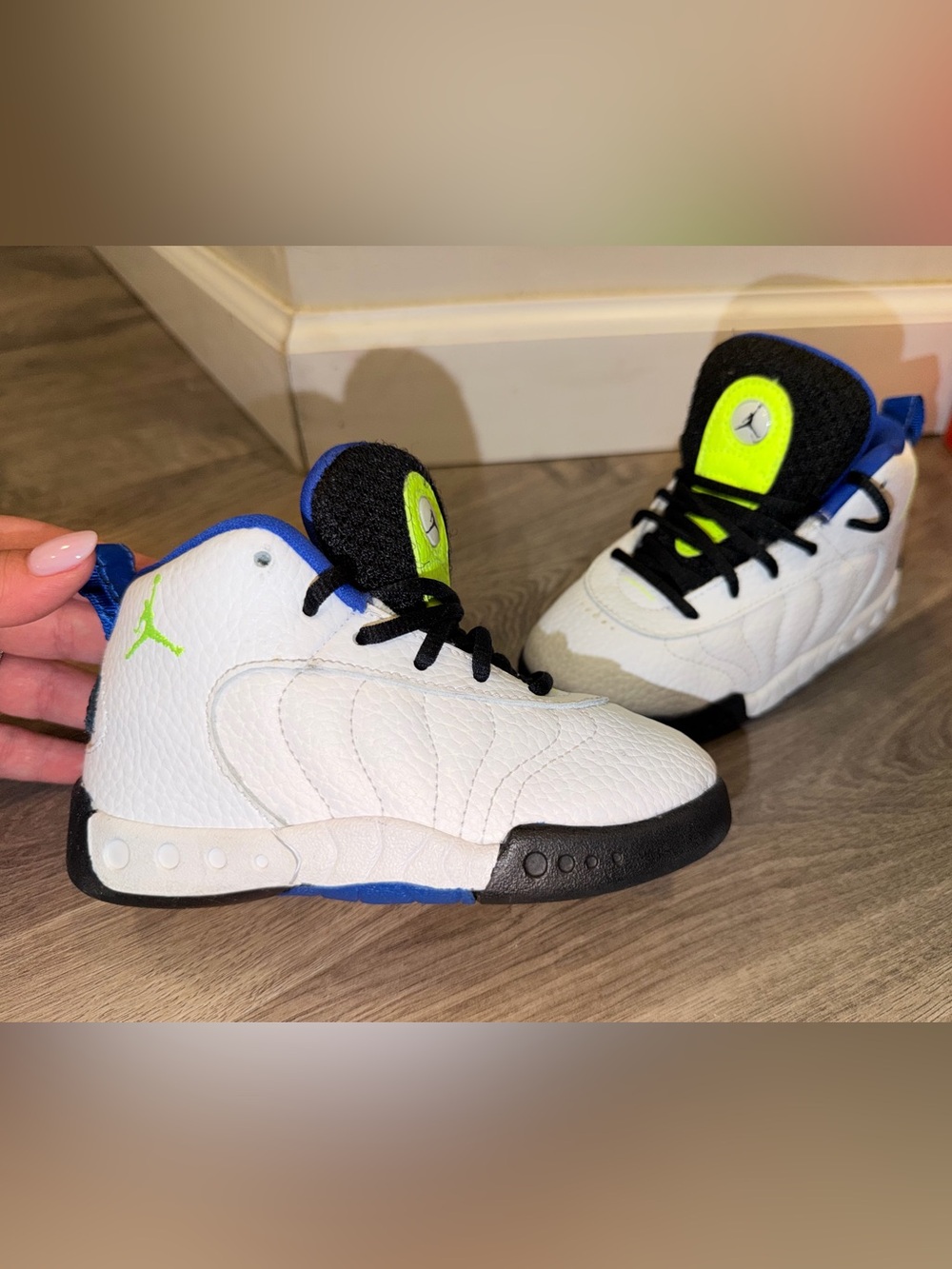 Jordan Kids' White Sneakers with Black, Royal & Neon Lime Accents